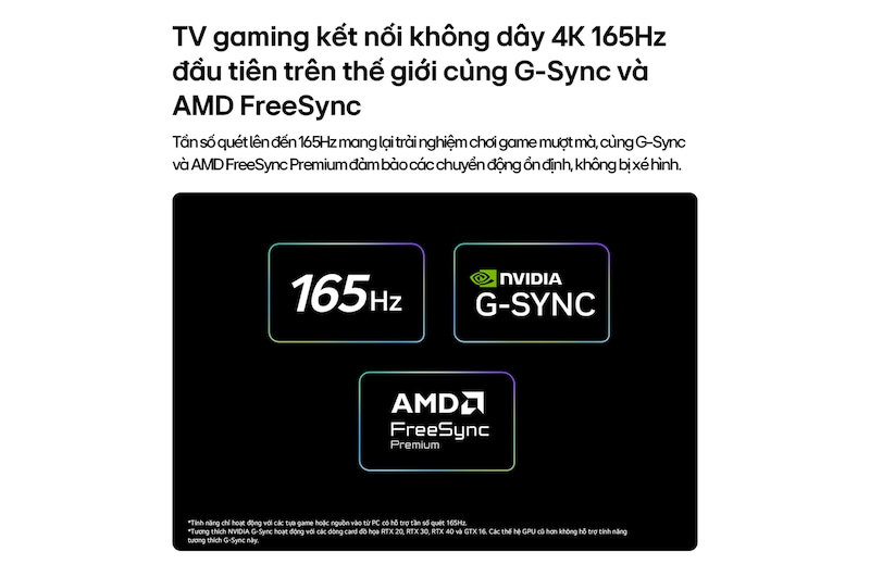 LG OLED evo AI W6 Wallpaper TV for Unbeatable Gameplay in 4K 165Hz shows a high-speed racing game with a yellow open-wheel car in motion, bold “WIN” text on screen, and NVIDIA G-SYNC and AMD FreeSync Premium logos at the top.